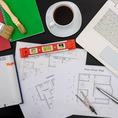 House project with tools, laptop and notepad House project with tools, laptop and notepad